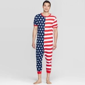 America USA Red White Blue Snooze  Cotton Zipper Onesie Pajama Bodysuit Medium